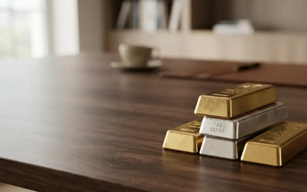 Stacked gold and silver ingots resting on a wooden surface, symbolizing valuable investments.