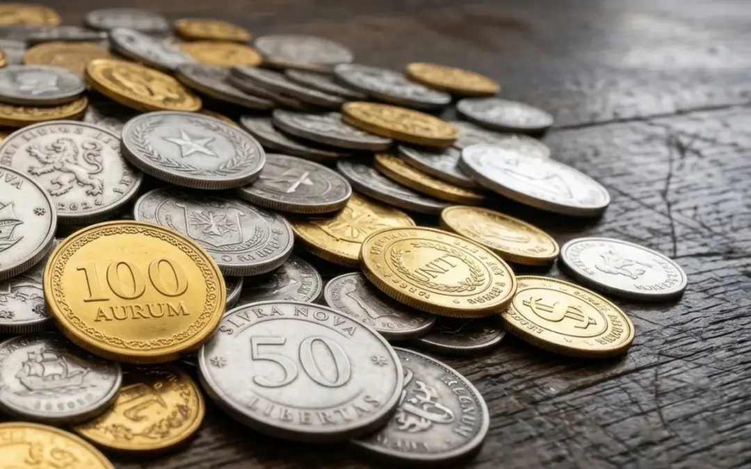A pile of gold and silver coins resting on a wooden table, relevant to selling precious metals.